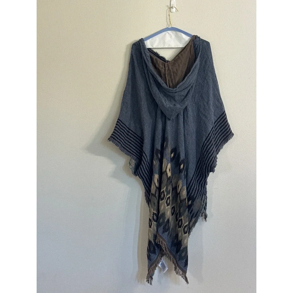 Free People The Casablanca Hooded‎ Poncho Blue Fringe Metallic Size OS